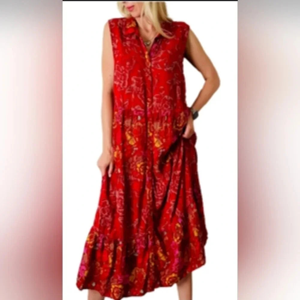 Margaux Riviera Women's Red Button Down Floral Midi Dress Bohemian Chic Size L